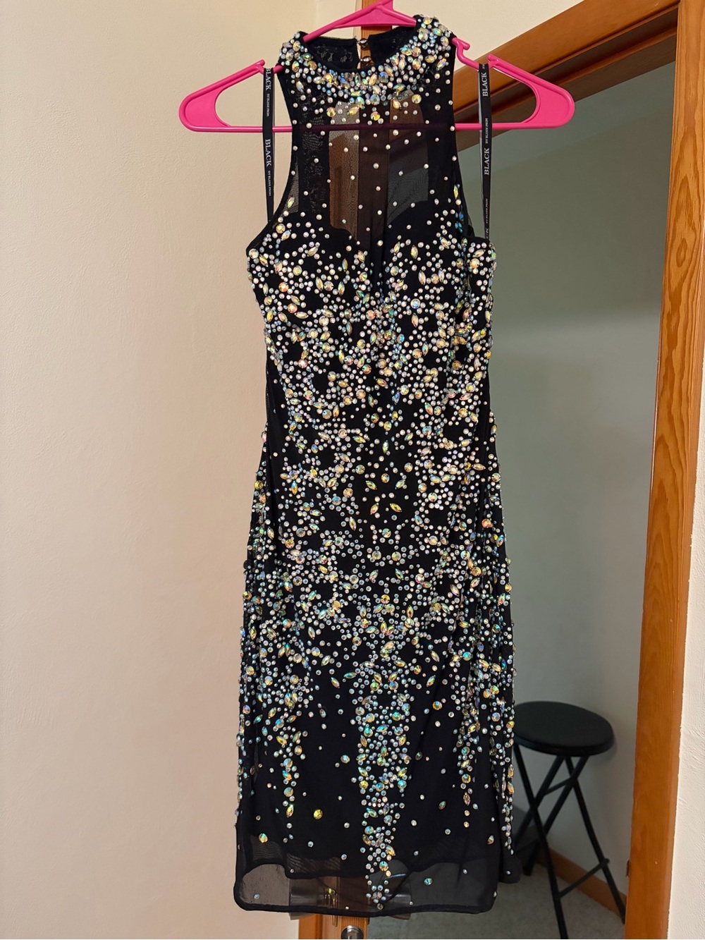 Short Black Evening Dress with Multicolored Crystal Accents